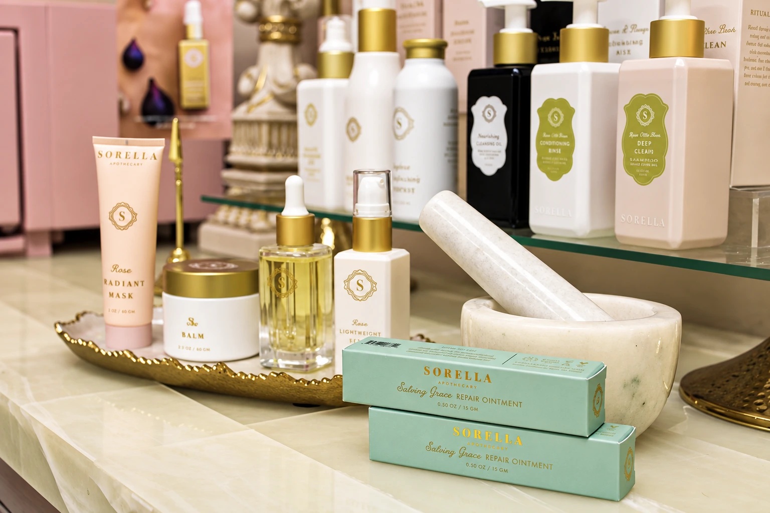 Sorella skincare products arranged beside a marble mortar and bowl